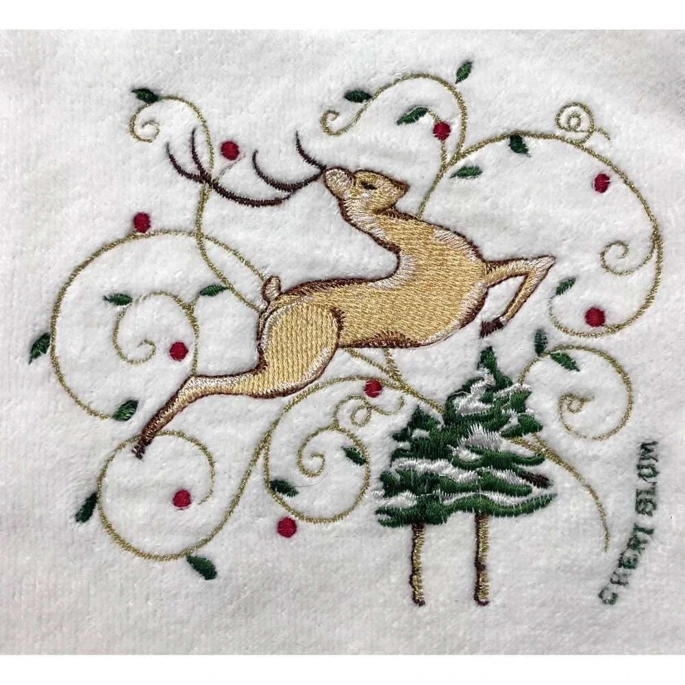 Avanti NOS 1978 Cheri Blum Reindeer Cream Bath Hand Towel Set Christmas Vtg